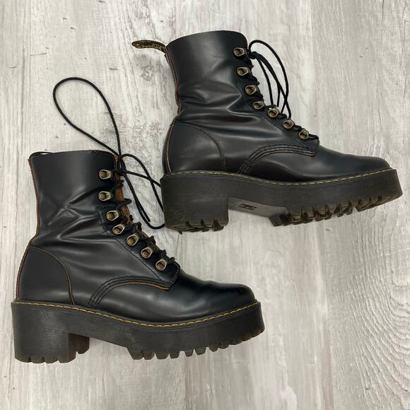 Dr Martens Black Leona Vintage Hook Combat Moto Biker Heeled Platform Boots 8 - Picture 1 of 13